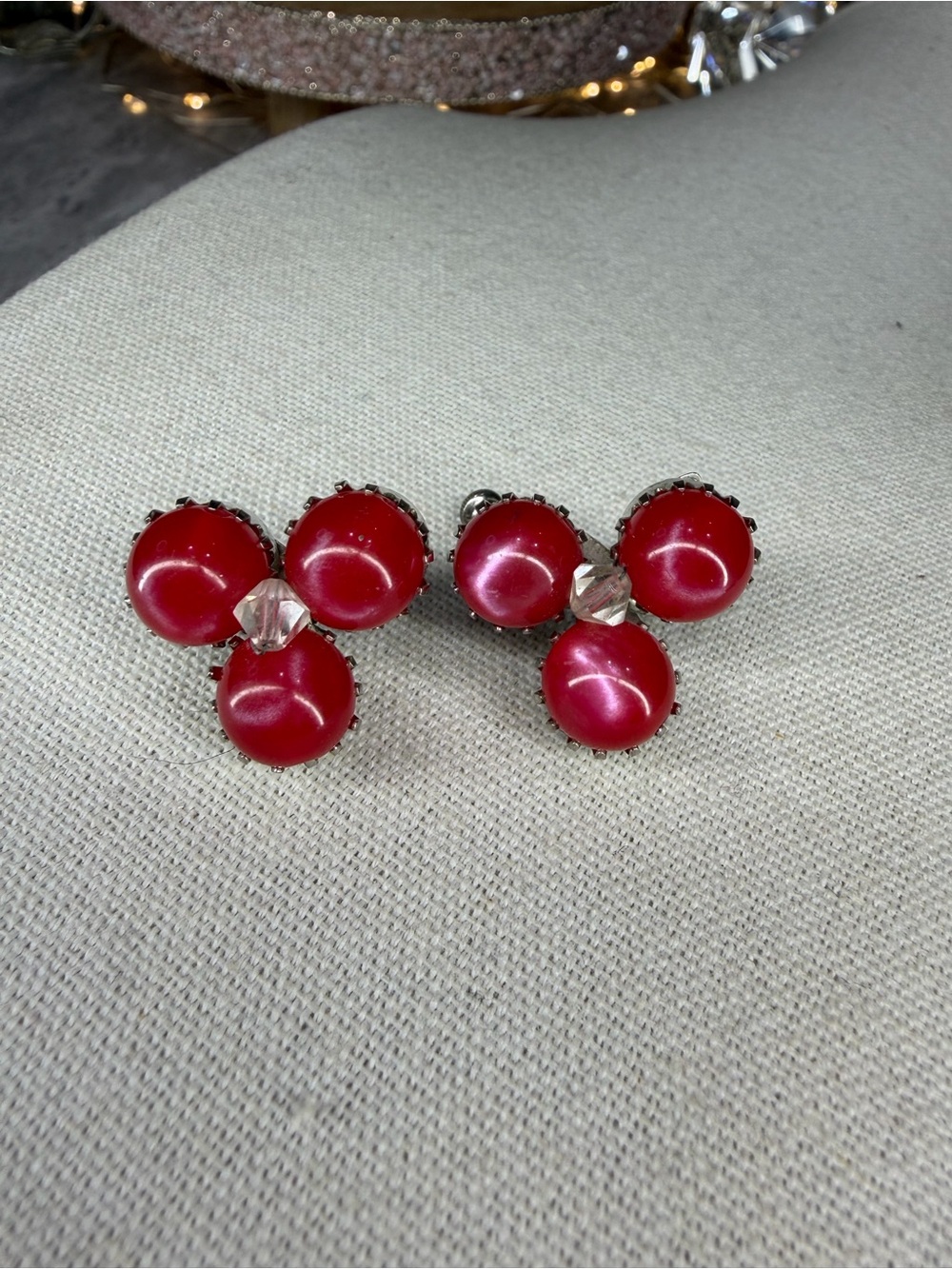 Vintage Hobe Clip Red Moonglow Lucite Earrings Cluster Jewelry Rhinestone